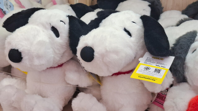 Cute Snoopy plush dolls from the Peanuts comic franchise arranged on May 18, 2026 in Bangkok, Thailand