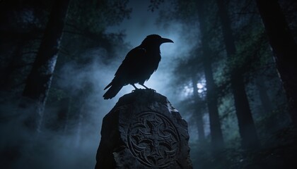 Obraz premium Perching raven silhouetting carved standing stone in conifer forest at night, with moonlight shafts