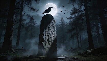 Obraz premium Perching large raven on carved monolith, backlit by full moon while birds circling, fog drifting