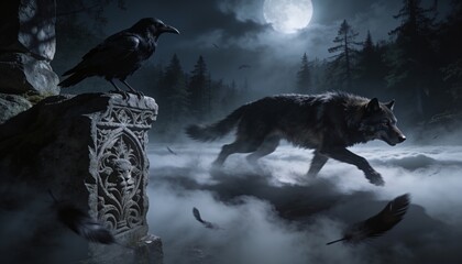 Obraz premium Running gray-black wolf charging through foggy clearing under full moon, with raven on pillar