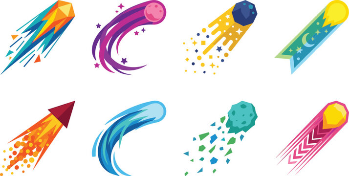 Colorful Meteor and Comet Vector Icon Set with Space Trail Effects