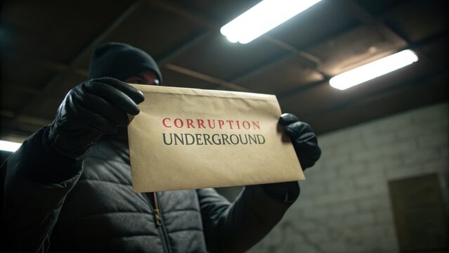 Man Holding Envelope with Corruption and Underground Text in Warehouse