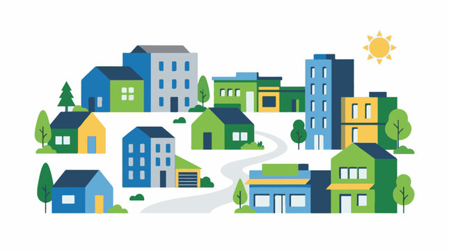 Colorful illustration of a small town with houses, trees, and buildings