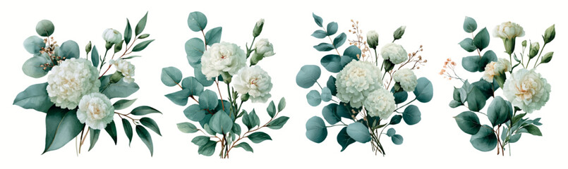 Watercolor bouquets featuring delicate white flowers and green eucalyptus leaves, creating elegant floral arrangements for invitations, weddings, or decorative design elements © Mari