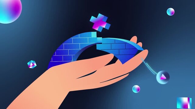 Human Hand Supporting Modular Puzzle Bridge Pieces Linking and Connecting Together 2D Animation