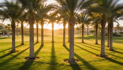 Fototapeta premium Lining group of palm trees casting long shadows across trimmed lawn, with mulch rings and umbrellas