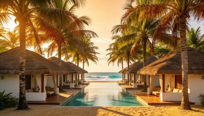 Fototapeta premium Reflecting central infinity pool drawing gaze toward ocean at beach resort, with thatched cabanas