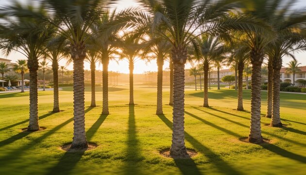 Lining group of palm trees casting long shadows across trimmed lawn, with mulch rings and umbrellas