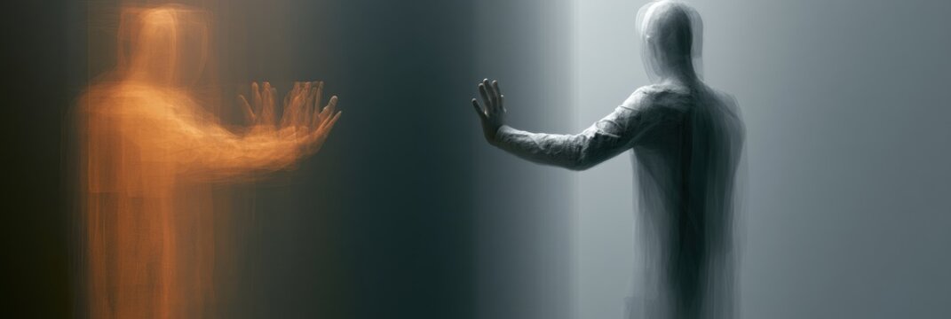 Abstract human forms are positioned against a dark wall trying to communicate while being distorted, highlighting disconnection and separation.