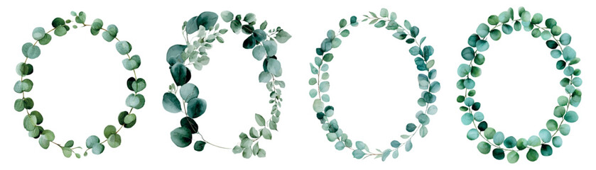 Watercolor eucalyptus wreaths creating circular frames. Featuring a collection of botanical green leaves for wedding invitations. Baby showers. Or elegant nature inspired designs © Mari