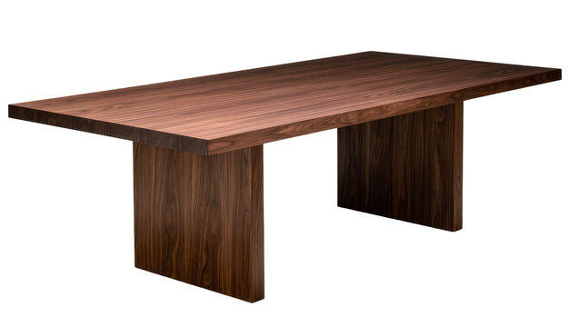 Modern dark wood dining table with rectangular top and pedestal legs
