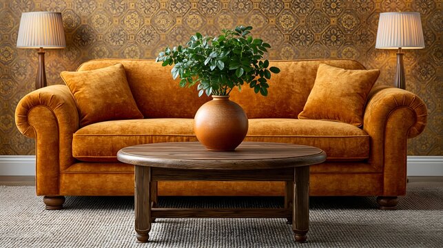 Retro 1970s living room with orange velvet sofa