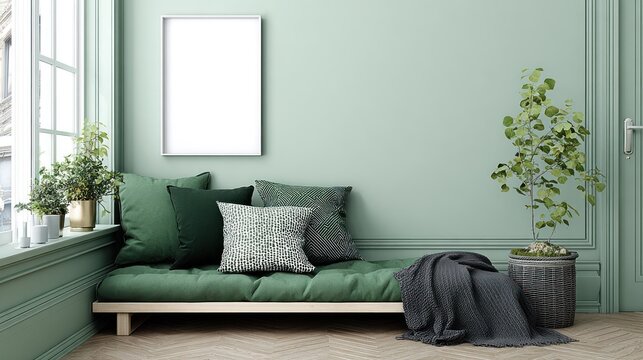 Interior composition featuring a light sage green wall with a vertical mockup frame above a low cushioned seating arrangement