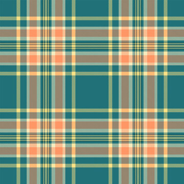 Traditional tartan plaid design with a classic woven appearance and cyan and atomic tangerine tones. The seamless pattern recreates the look of woven fabric for decorative surface backgrounds.