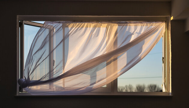 A sheer curtain billows inward through an open window frame, catching the warm light of the setting or rising sun outdoors.