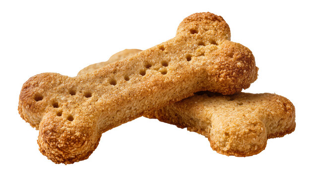 Two bone-shaped dog biscuits with textured surface and small holes