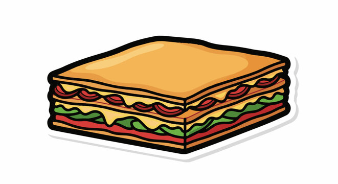 A square-cut sandwich with multiple layers of bread, cheese, lettuce, and meat