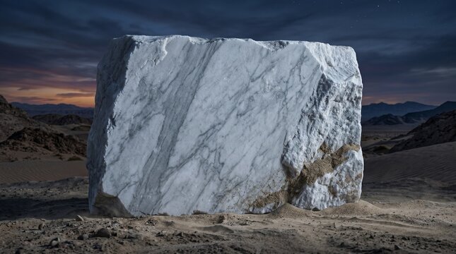 Raw white marble monolith in a desert landscape at twilight