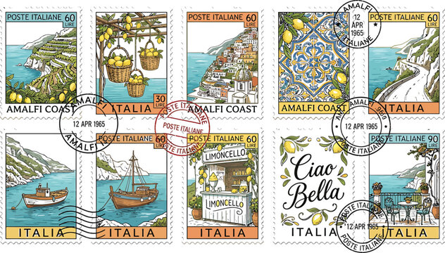 Vintage Amalfi Coast Postage Stamps Collection | Italian Travel Collage Background | Retro Mediterranean Postal Art