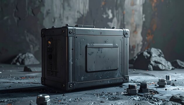 Abandoned black safe in rubble.