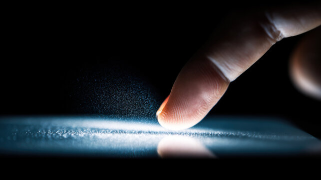 User interacts with smartphone screen at night reflecting light with touch of finger while engaged in activity