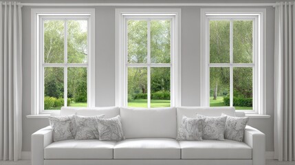 Fototapeta premium Interior living space features a bright white sofa positioned beneath three vertical sash windows overlooking a lush green lawn and trees