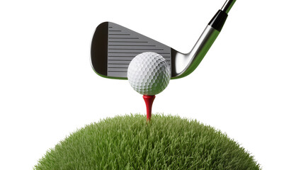 Golf club hitting ball on tee on green grass mound © Leon