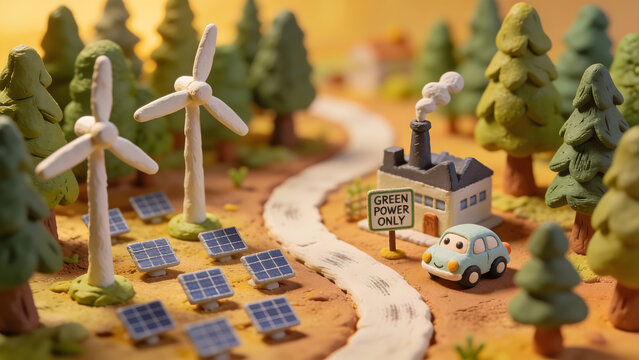 Miniature claymation scene for ESG investing trends featuring clay wind turbines, solar panels, a cute car, and a Green Power Only sign in a dense pine forest, 3d illustration.