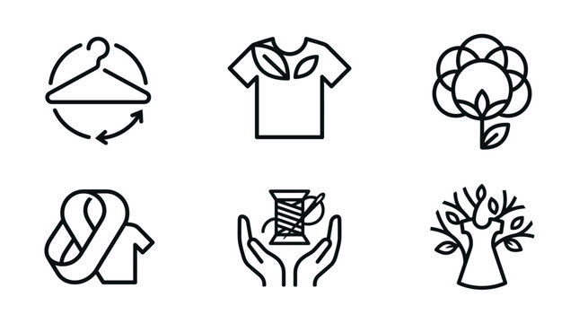 Sustainable Fashion and Ethical Clothing Production Icon Set Featuring Organic Textile Symbols and Environmentally Friendly Textile Manufacturing Processes
