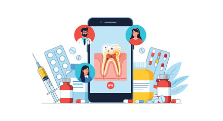 Fototapeta premium Dental care app on a smartphone showing a damaged tooth with cavities surrounded by medical tools for online dentistry and oral health help.