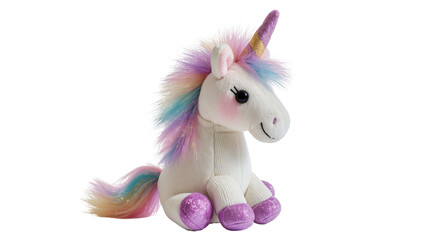 Plush white unicorn toy with rainbow mane and glittery horn and hooves © Anna