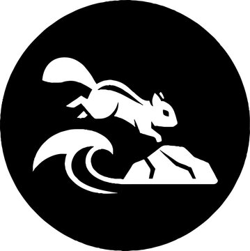 Squirrel silhouette jumping over stylized wave and rock.