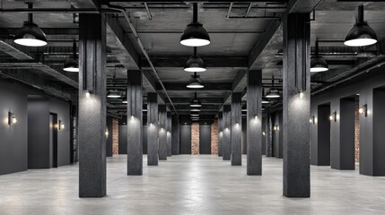 Obraz premium Rows of massive structural pillars define a vast, dimly lit interior space featuring industrial design elements