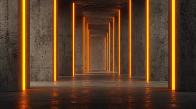 Long concrete corridor features repeating vertical neon light strips creating depth perception