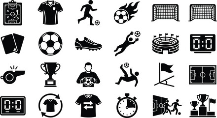Soccer and football icon set with vector sports equipment stadium championship trophy and game strategy elements. © Nayan