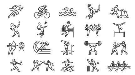 Fototapeta premium Set of Linear Vector Icons Featuring Various Professional Athletic Sports Activities and Active Lifestyle Competitions in Monochrome Style