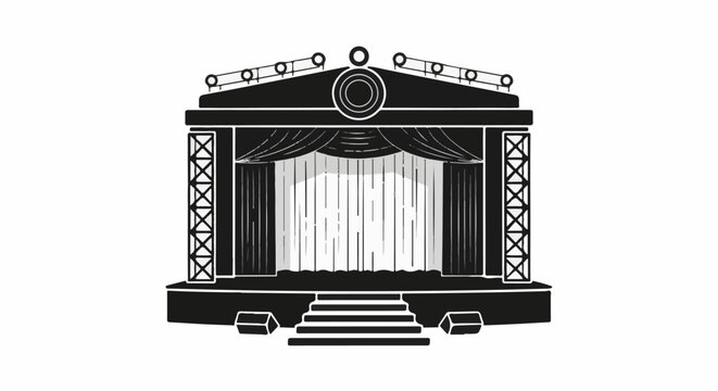 A black and white illustration of a stage with curtains, lights, and speakers