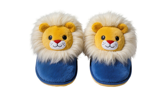 Plush lion face slippers with blue fuzzy bottoms
