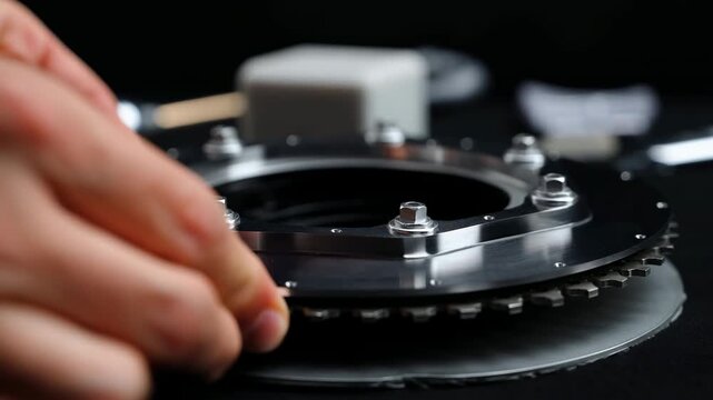 Hands assembling circular metal housing over gasket and gear during workshop repair sequence