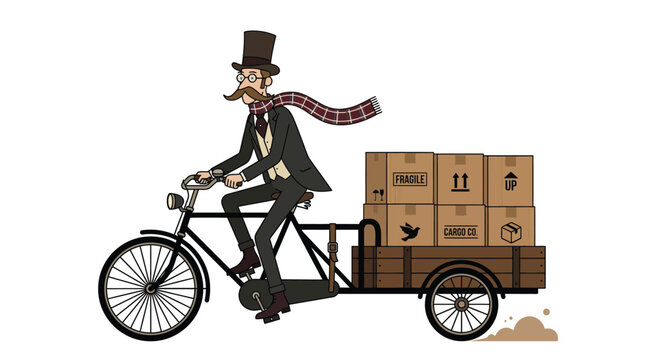 Victorian gentleman with a handlebar mustache rides a bicycle carrying cardboard boxes for local delivery