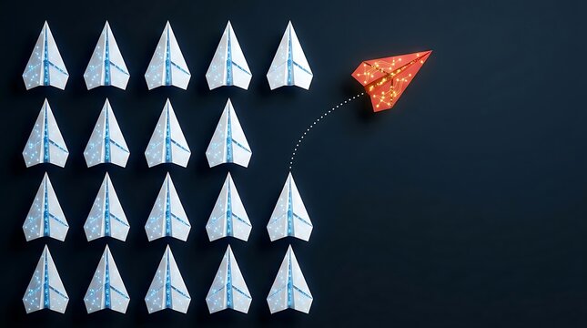 Red paper airplane with illuminated circuit pattern leads a group of white origami planes against a dark background, symbolizing disruption and innovation.