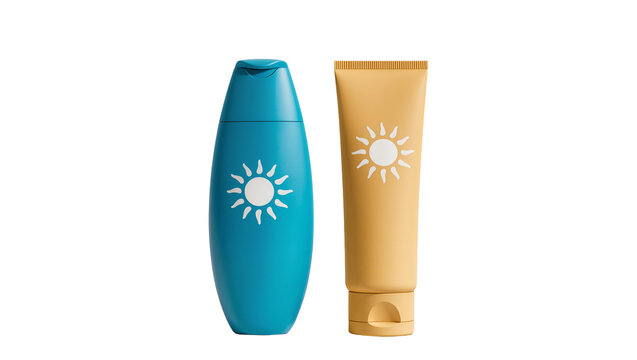 Blue bottle and yellow tube with sun logo for sunscreen