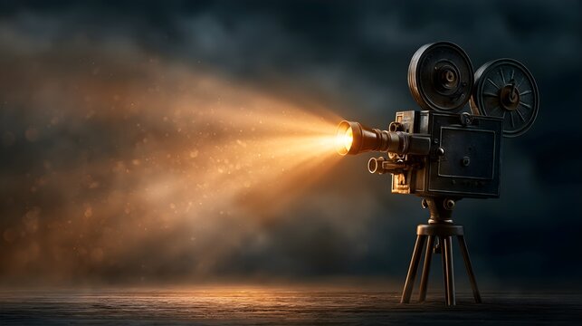 Vintage 8mm film projector beaming light in a dark room