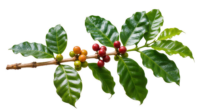 Coffee branch with green orange, and red berries and leaves