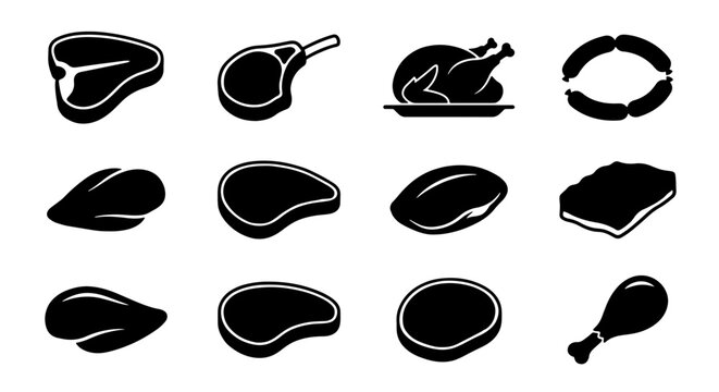Meat and poultry icon set, black silhouette butcher shop symbols, 12 vector elements for restaurant menus and grocery store signage
