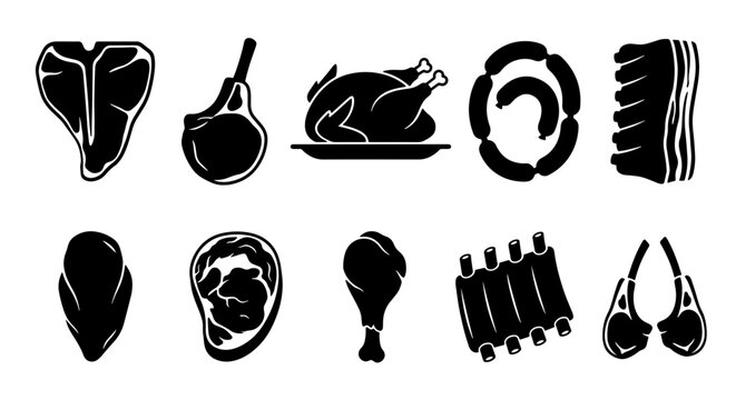 Butcher shop meat icons set, black silhouette raw protein food symbols, 10 vector meat cuts for restaurant menu and bbq grill branding