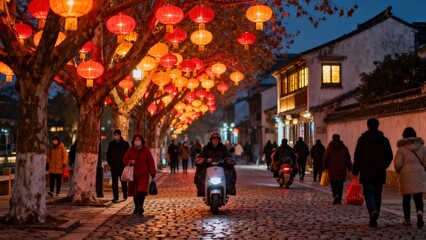 Fototapeta premium Pedestrians and scooters travel down a cobblestone street lined with glowing red lanterns at twilight in a traditional Chinese town
