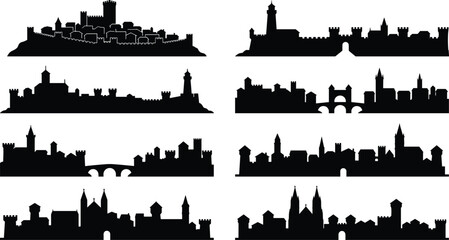Obraz premium Collection of medieval castle and fortified town silhouettes