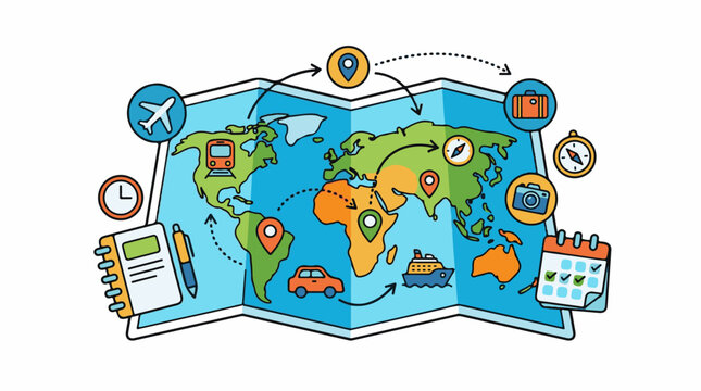 A colorful illustrated map with travel icons and symbols