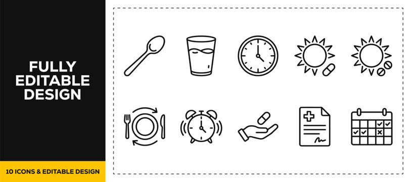 flat vector illustration line art icon bundle set design displaying time management daily routine clock schedule calendar planning work lifestyle productivity habit app ui